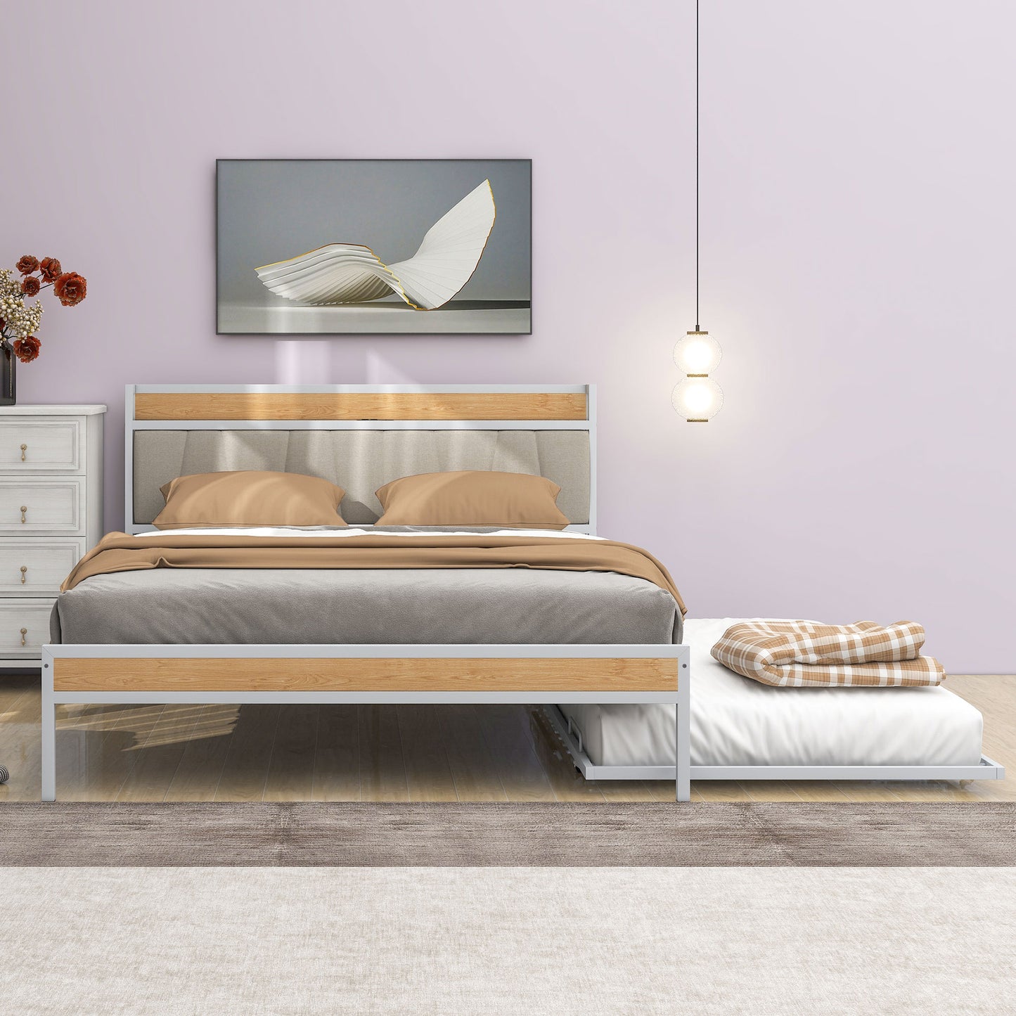 Queen Size Metal Platform Bed Frame with Twin Size Trundle, Queen Size Bed Frame with Upholstered Headboard, USB Ports, Steel Slat Support, Queen Bed Frame No Box Spring Needed for Bedroom, White