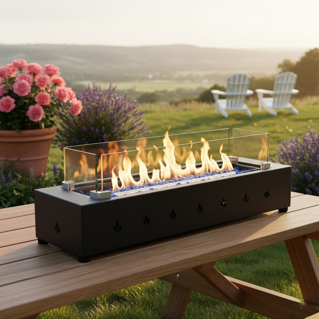 28-inch Propane Fire Pit, 40000 BTU Outdoor Tabletop Fireplace for Patio, Portable Rectangular Gas Firepit with Glass Beads, Wind Glass Shield, Black