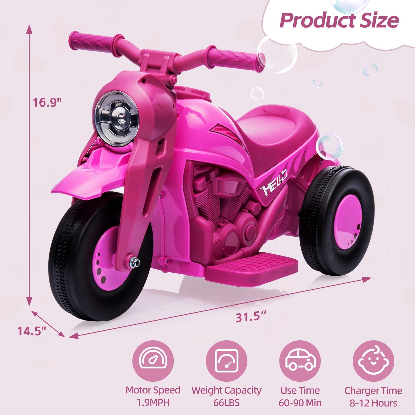 6V Electric Ride on Motorcycle for Toddlers Kids with Bubble Maker, Battery Powered Motorized Motorcycle Bike, Ride on Toy w/LED Light and Music for Girls Boys Ages 3+, 3 Wheels