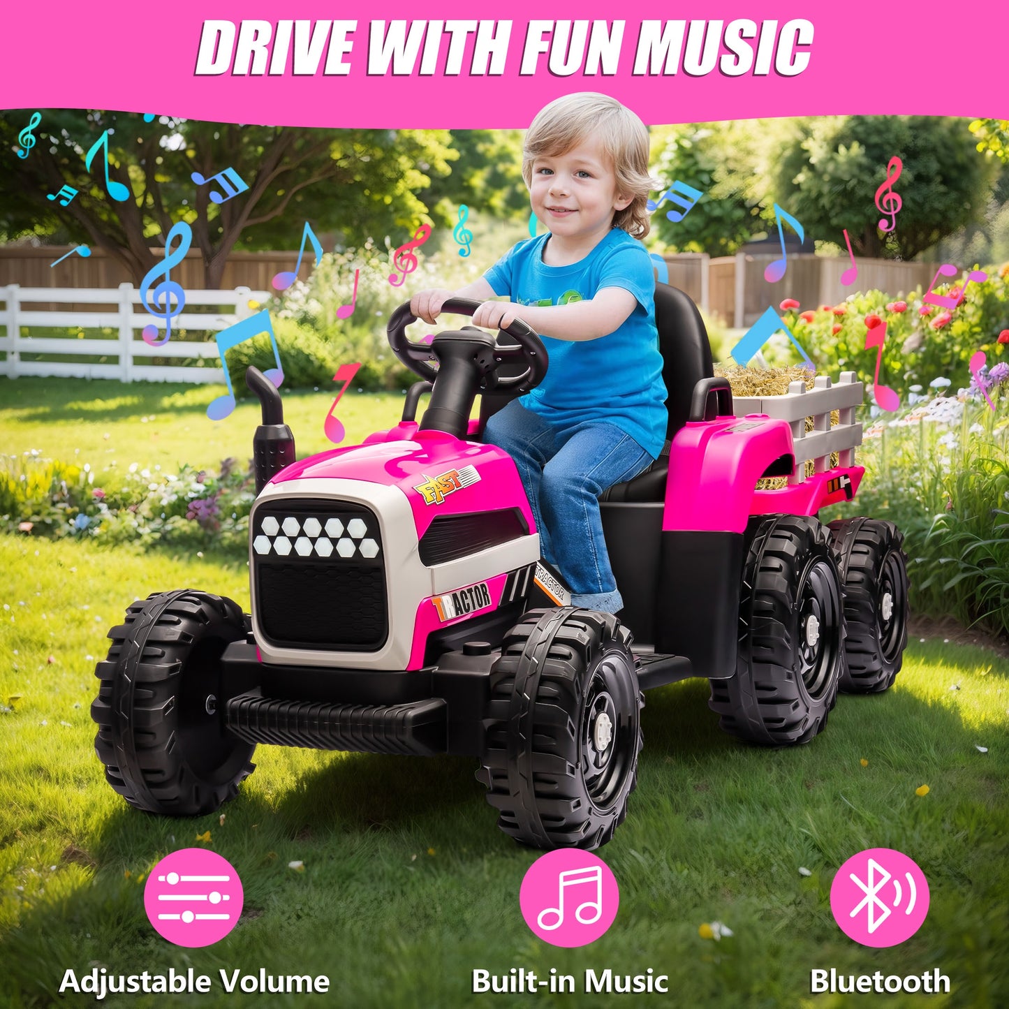 Powered Ride on Toy Tractor, 24V Kids Ride on Car with Remote Control, Electric Vehicles for Kids Toddlers 3-6 Years with 3 Speeds, Bluetooth, Music Player, LED Light, Rear Wheel Suspension, Rose Red
