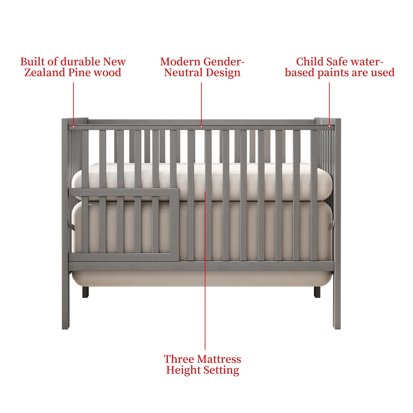 iRerts 5 In 1 Convertible Baby Crib, Wood Convertible Crib Toddler Bed with Wood Legs, Converts from Baby Crib to Toddler Bed, Fits Standard Full-Size Crib Mattress, Easy to Assemble, Gray