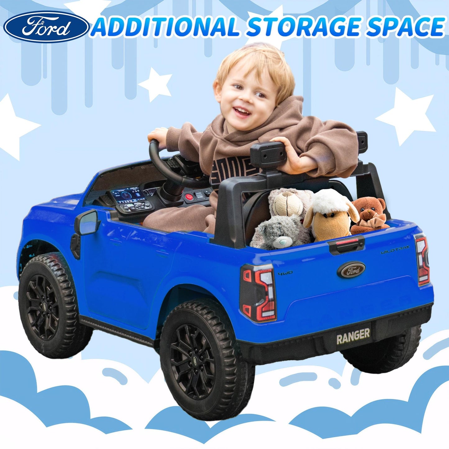 iRerts Blue 12V Ford Ranger Powered Ride on Car with Remote Control, Kids Electric Car for Boys Girls 3-6 Ages, Kids Ride on Toys with Bluetooth, Music, USB Port, Horn, LED Lights