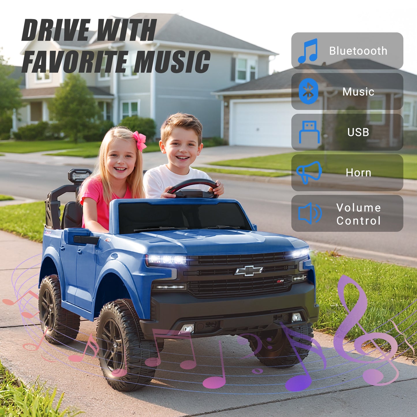 24V Powered Ride on Toys Car, Licensed Chevrolet Silverado 2 Seater Ride on Cars with Remote Control, Spring Suspension, LED Lights, Bluetooth Music, Toddler Electric Car for Kids Ages 3+, Blue
