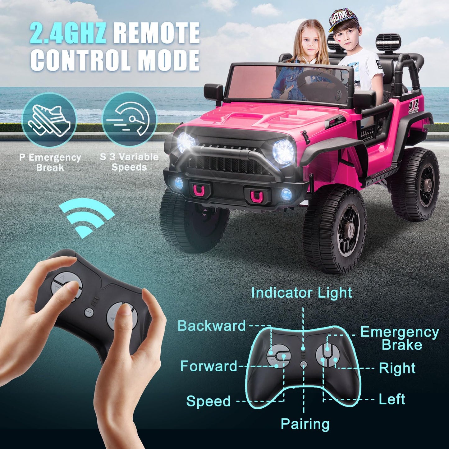 iRerts 24V 2 Seater Ride on Car, Powered Ride on Toys for Bid Kids Boys Girls Gifts, Kids Car Electric Vehicle with Remote Control, Music, Bluetooth, LED Light, USB/MP3 Port, 4 Wheel Suspension, Pink