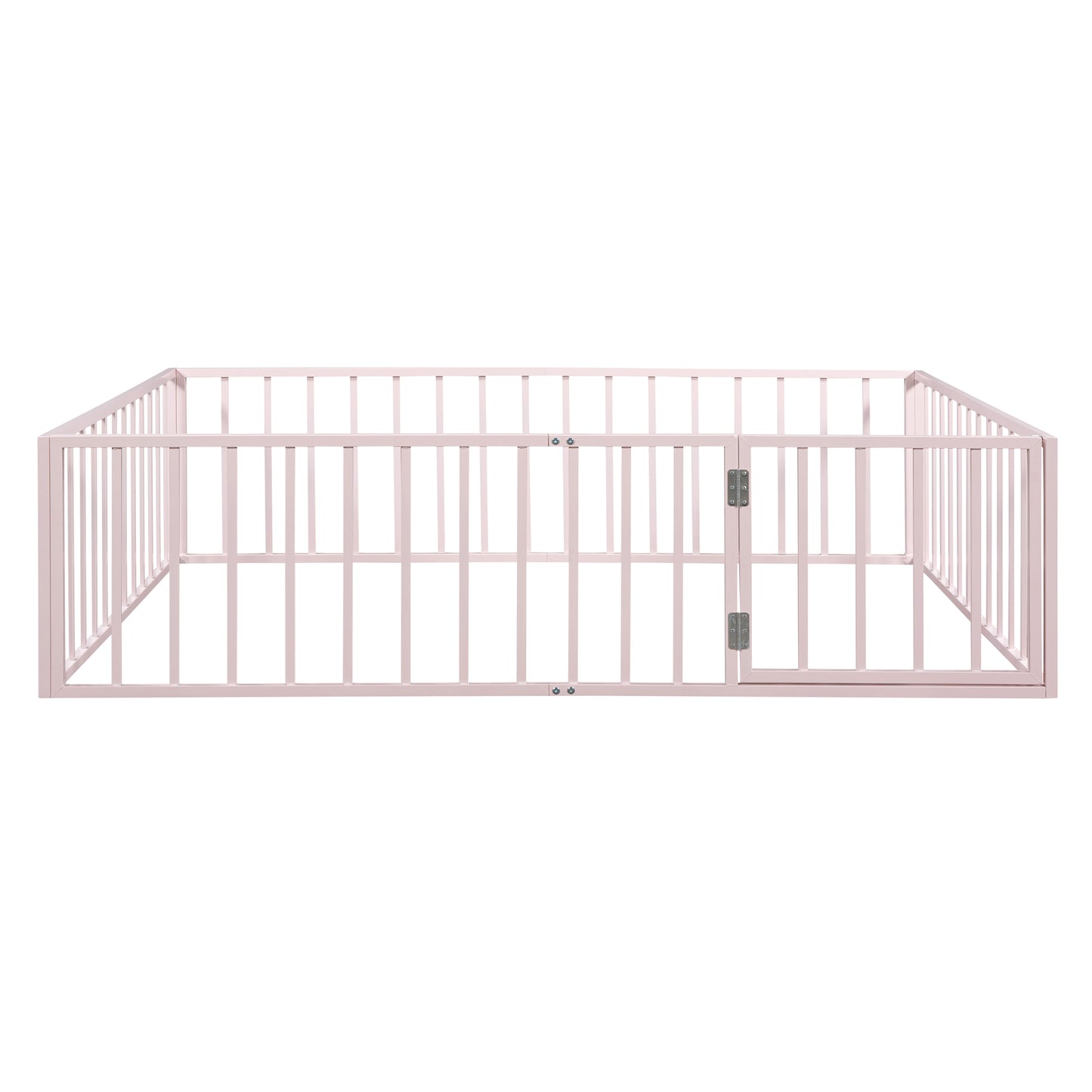 iRerts Queen Floor Bed Frame, Metal Queen Size Montessori Floor Bed Frame with Fence and Door, Kids Toddler Floor Bed Frame Queen Size for Girls Boys, Twin Bed Frame without Bed Slats, Pink
