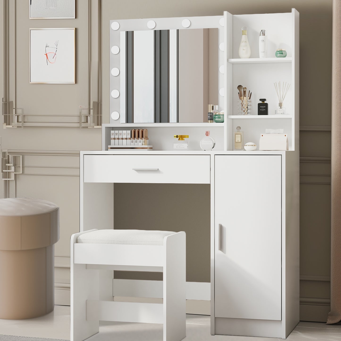 iRerts Vanity Desk with Mirror and LED Lights, White Makeup Table with Stool, Large Drawer and 3 Storage Dressers, 3 Lighting Modes Adjustable Brightness, Makeup Table Set Dressing Table for Bedroom