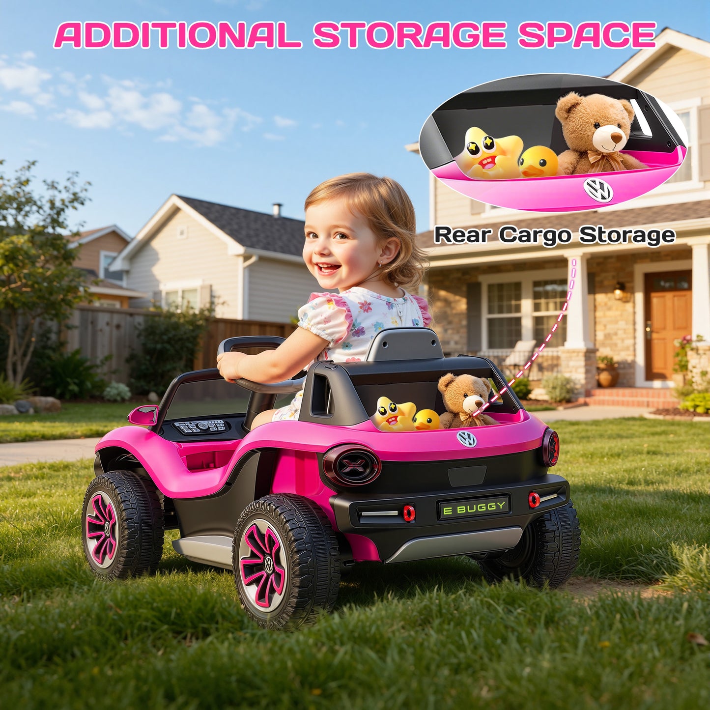 12V Electric Ride on Cars, Licensed Volkswagen Beetle Ride on Toys with Remote Control, Bluetooth, USB Port, Music, Rear Storage, LED Lights, Battery Powered Toddlers Electric Car for Kids Ages 3+