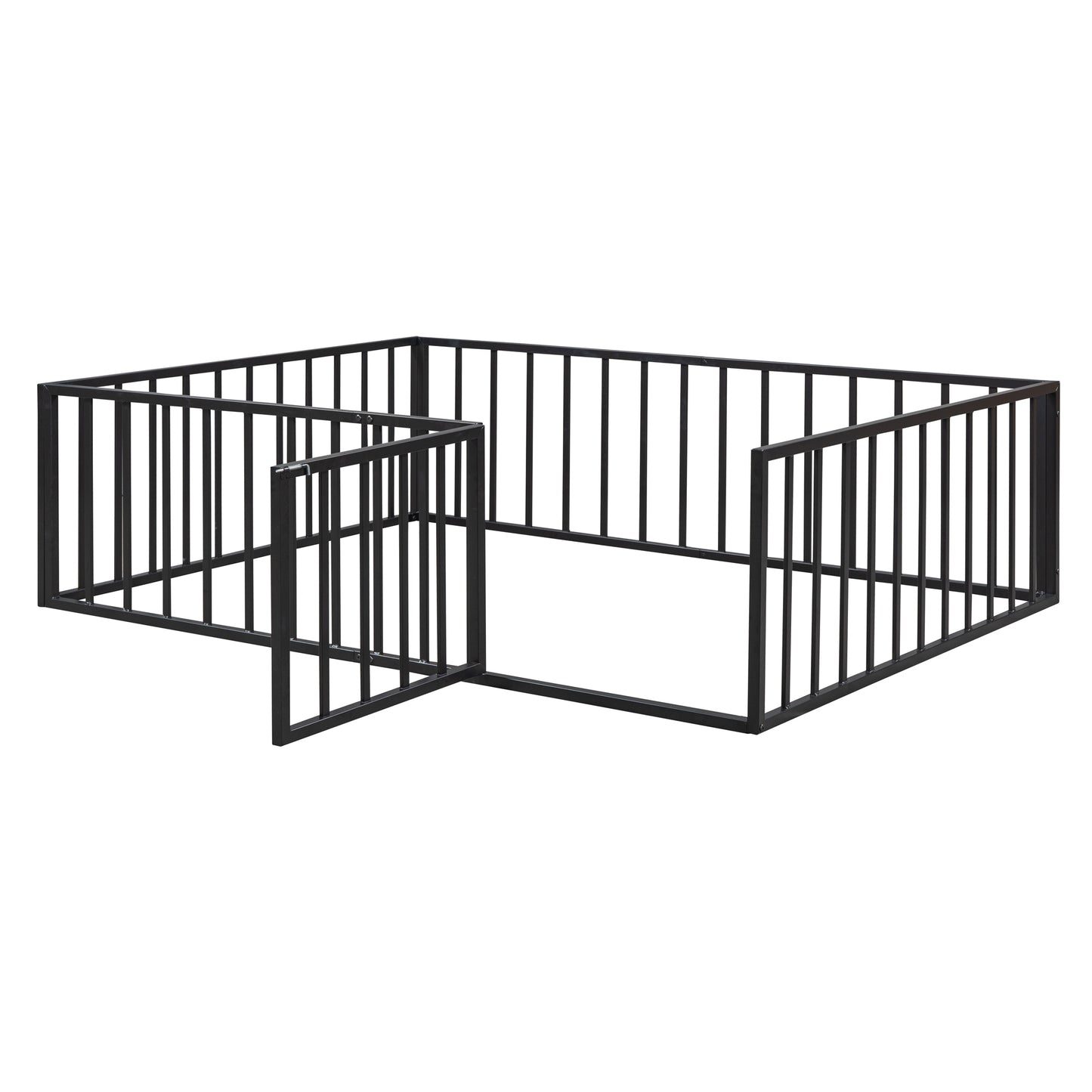 iRerts Full Floor Bed Frame, Metal Full Size Montessori Floor Bed Frame with Fence and Door, Kids Toddler Floor Bed Frame Full Size for Girls Boys, Twin Bed Frame without Bed Slats, Black