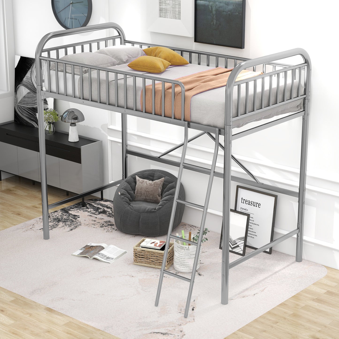 iRerts Silver Loft Bed Twin Size, Twin Metal Loft Bed for Kids Teens, Twin Size Loft Bed with Ladder, Full-Length Guardrails, No Box Spring Needed, Modern Twin Loft Bed for Bedroom, Dorm, Guest Room