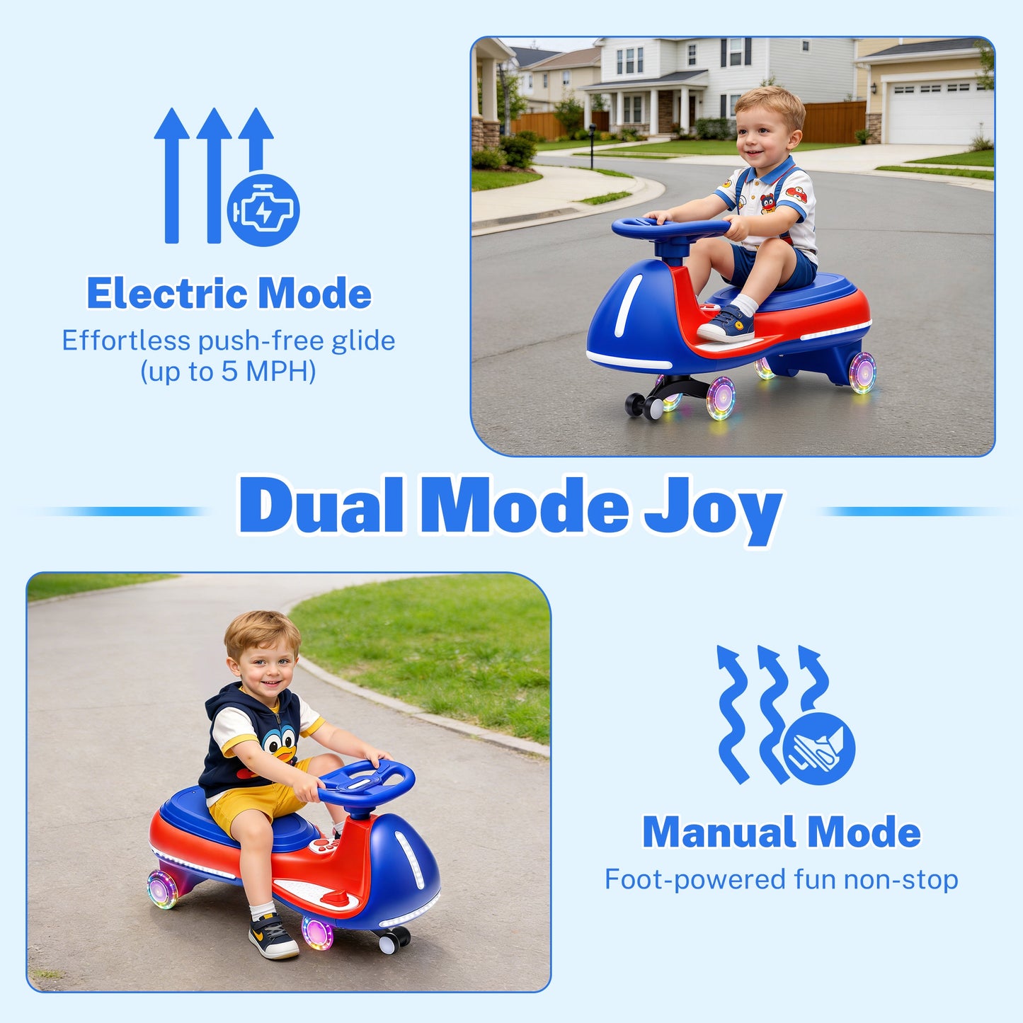 iRerts 12V Ride on Toys, Electric Ride on Wiggle Car with Pedal, 2 in 1 Swing Car Kids Wiggle Car for Toddlers Ages 3+, Kids Cars with Flashing PU Wheels, Bluetooth Music, 5MPH Max Speed, Blue+Red