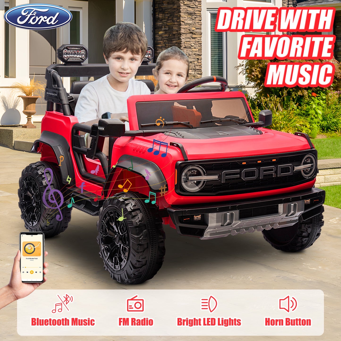 24V 2 Seater Ride on Toy Car, Licensed Ford Bronco Raptor Ride on Trucks with Remote Control, Bluetooth Music Player, Spring Suspension, Battery Powered Electric Car for Kids Boys Girls Ages 3-8, Red
