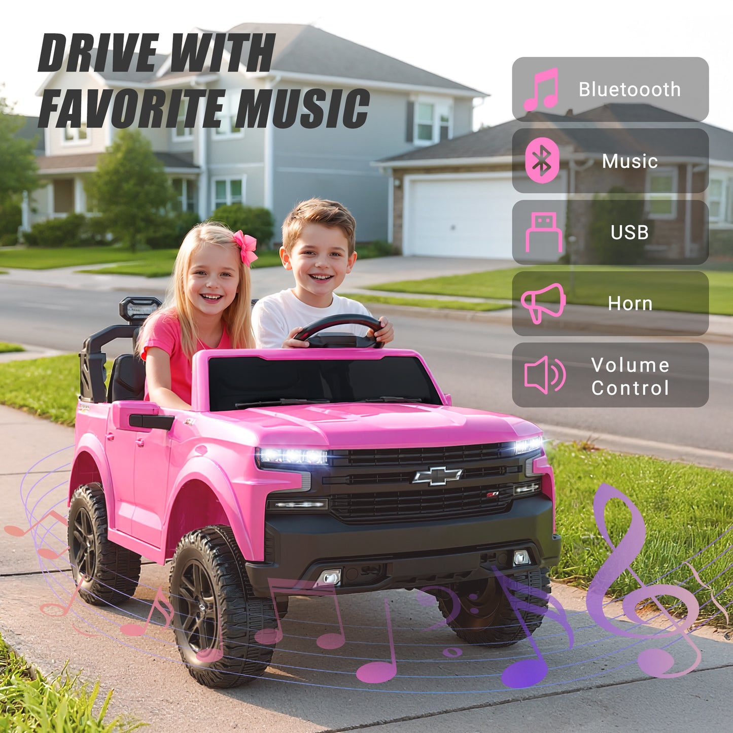 24V Powered Ride on Toys Car, Licensed Chevrolet Silverado 2 Seater Ride on Cars with Remote Control, Spring Suspension, LED Lights, Bluetooth Music, Toddler Electric Car for Kids Ages 3+, Pink