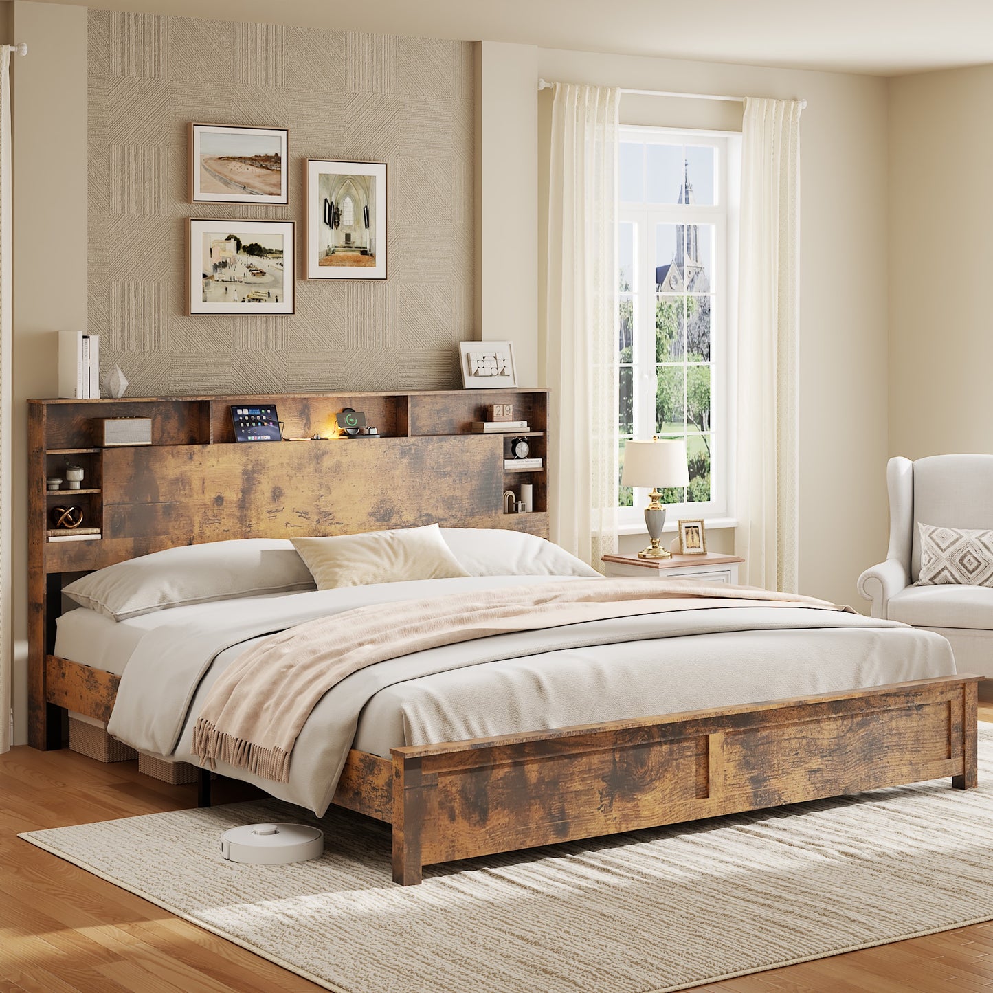 iRerts Wood King Platform Bed Frame, King Bed Frame with Storage Headboard, Charging Station, LED Lights, King Bed Frame No Box Spring Needed, Dark Brown