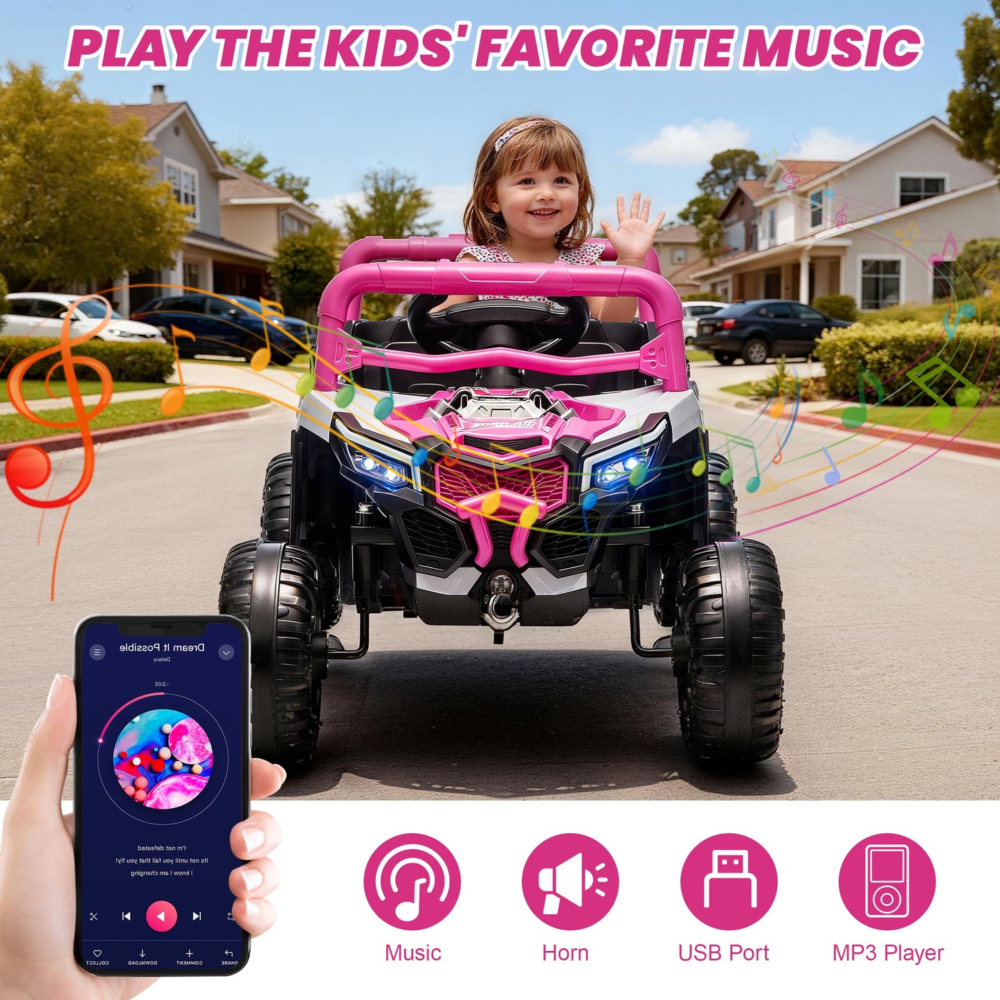 iRerts 12V Electric Ride on UTV, Powered Ride on Cars with Parent Remote Control, LED Lights, Music Player, Front Shock Absorbers, Ride on Toys for Kids Boys Girls Ages 3-4, Pink