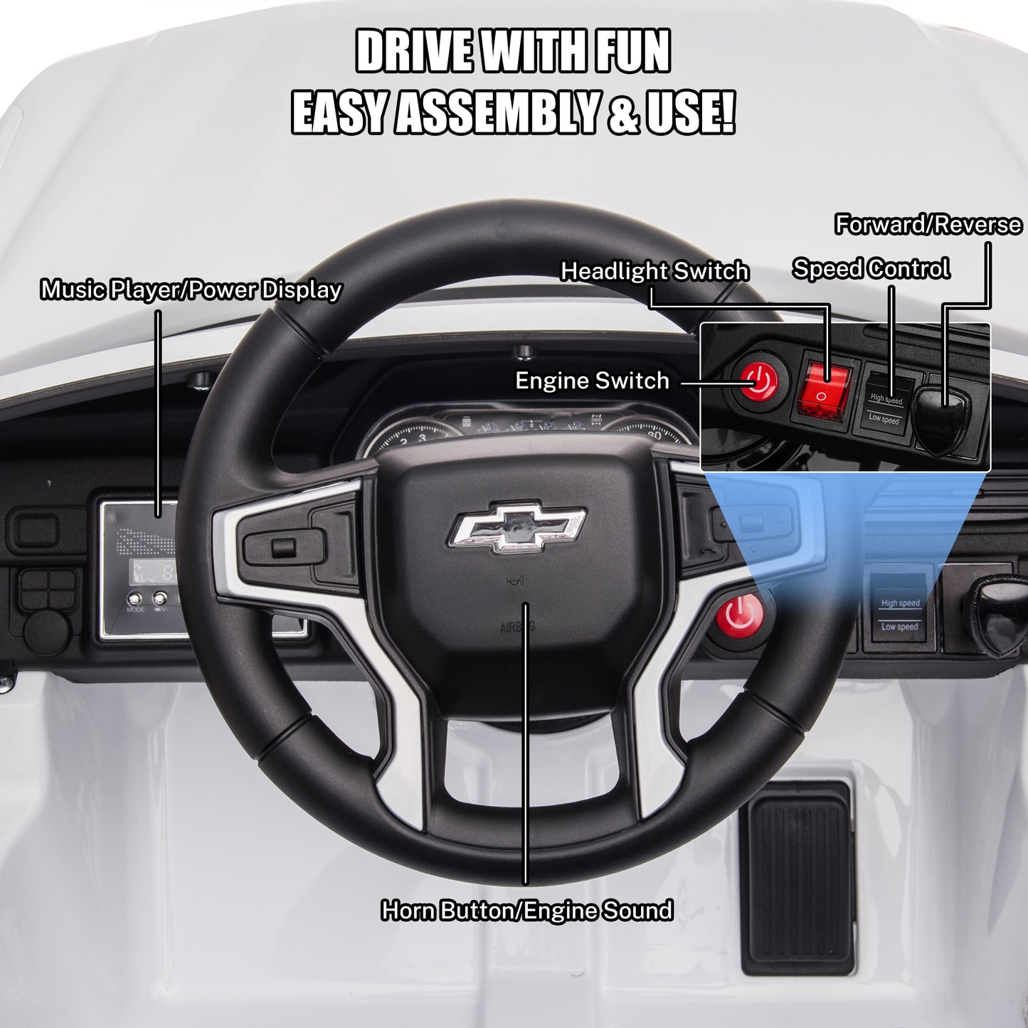 iRerts 12V Ride On Toys with Remote Control, Licensed Chevrolet Tahoe Kids Ride on Cars with Music, LED Lights, MP3/USB/AUX Port, Kids Electric Vehicle for Boys Girls, White