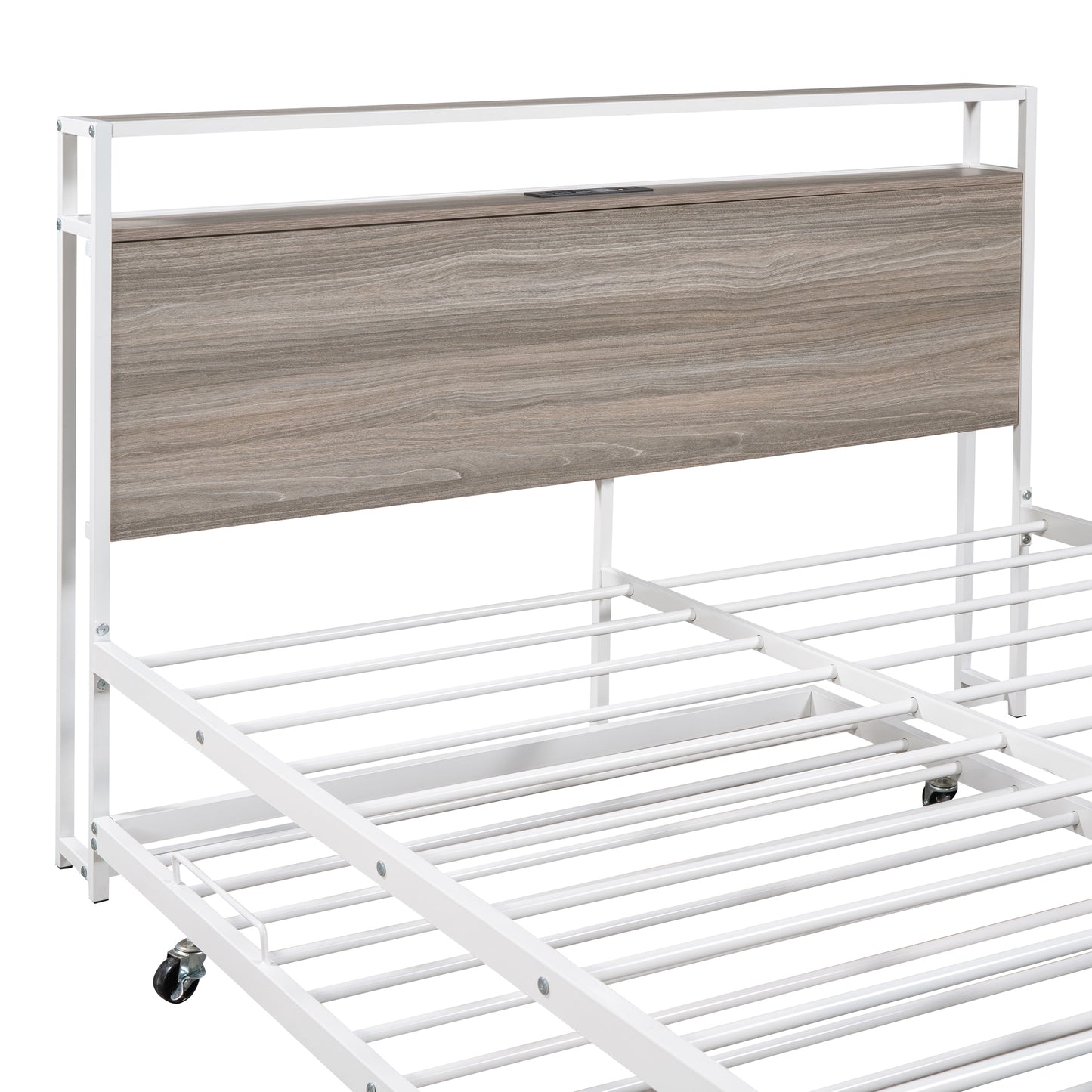 Full Size Metal Platform Bed Frame with Twin Size Trundle, Full Size Bed Frame with Storage Headboard, Outlet/USB Ports, Steel Slat Support, Full Bed Frame No Box Spring Needed for Bedroom, White