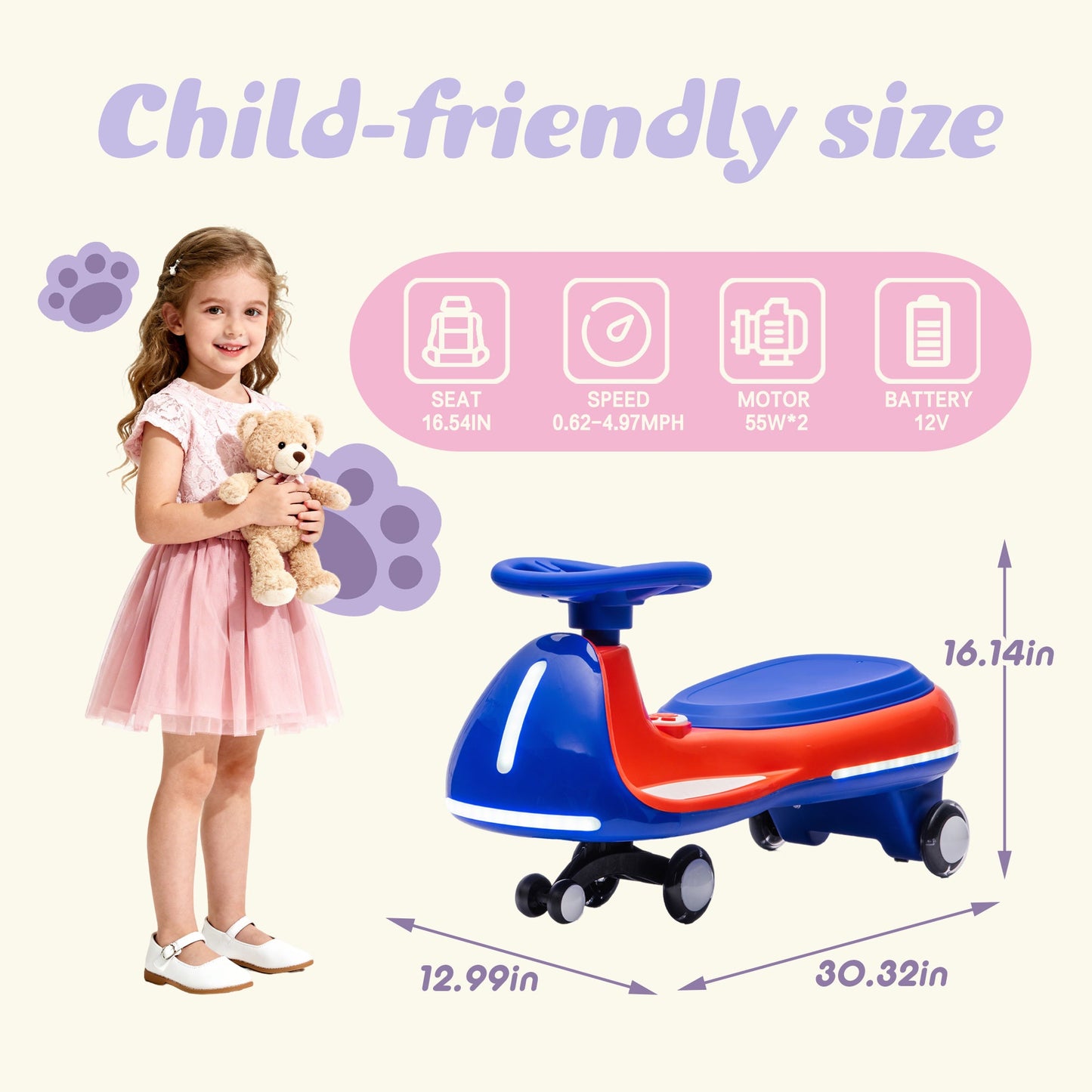 12V Electric Wiggle Car, Powered Ride on Toys for Kids with Flashing PU Wheels, Bluetooth Music, 2-in-1 Swing Car Kids Electric Vehicles for Boys Girls Ages 3+, Blue+Red