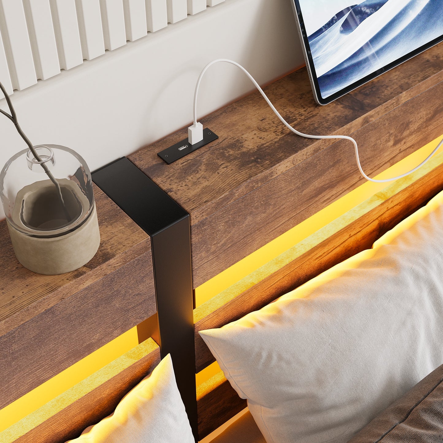 iRerts Full Bed Frame with Headboard, Metal Platform Bed Frame Full Size with USB Charging Station, LED Lights, Steel Slats, LED Bed Frame No Box Spring Needed for Bedroom Furniture, Brown