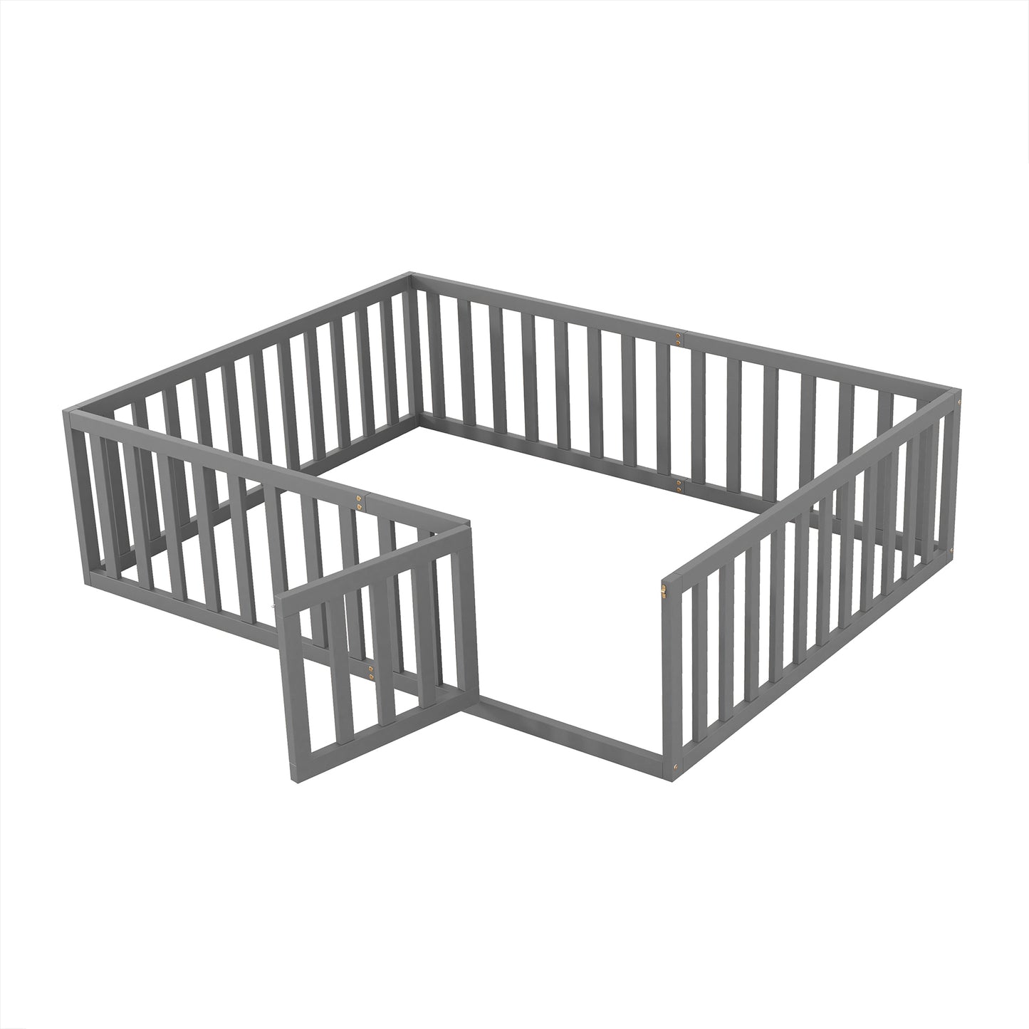 iRerts Queen Floor Bed Frame for Kids Toddlers, Wood Montessori Low Floor Queen Size Bed Frame with Fence Guardrail and Door, kids Queen Bed for Boys Girls, Spring Needed, Gray