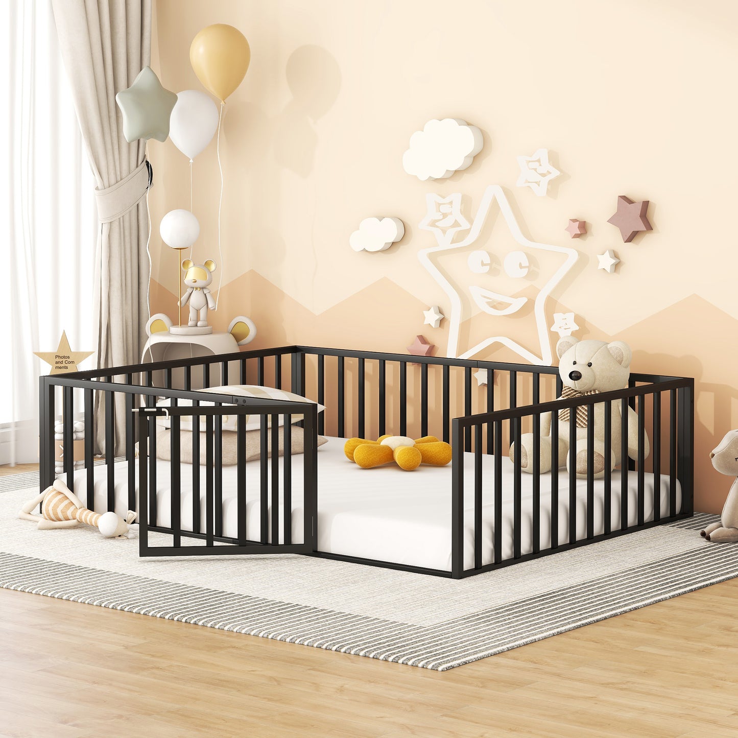 iRerts Queen Floor Bed Frame, Metal Queen Size Montessori Floor Bed Frame with Fence and Door, Kids Toddler Floor Bed Frame Queen Size for Girls Boys, Twin Bed Frame without Bed Slats, Black