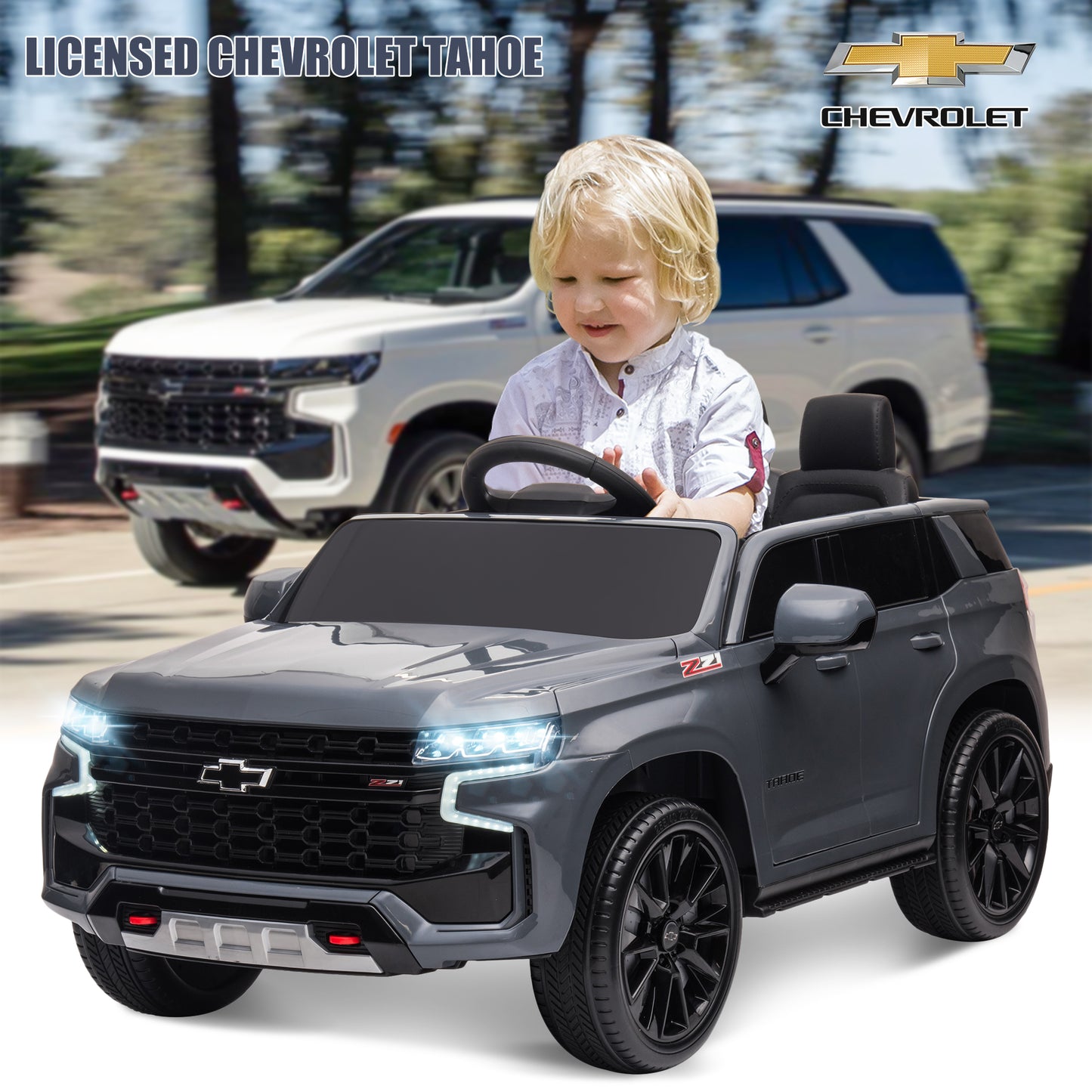iRerts 12V Ride On Toys with Remote Control, Licensed Chevrolet Tahoe Kids Ride on Cars with Music, LED Lights, MP3/USB/AUX Port, Kids Electric Vehicle for Boys Girls, Gray