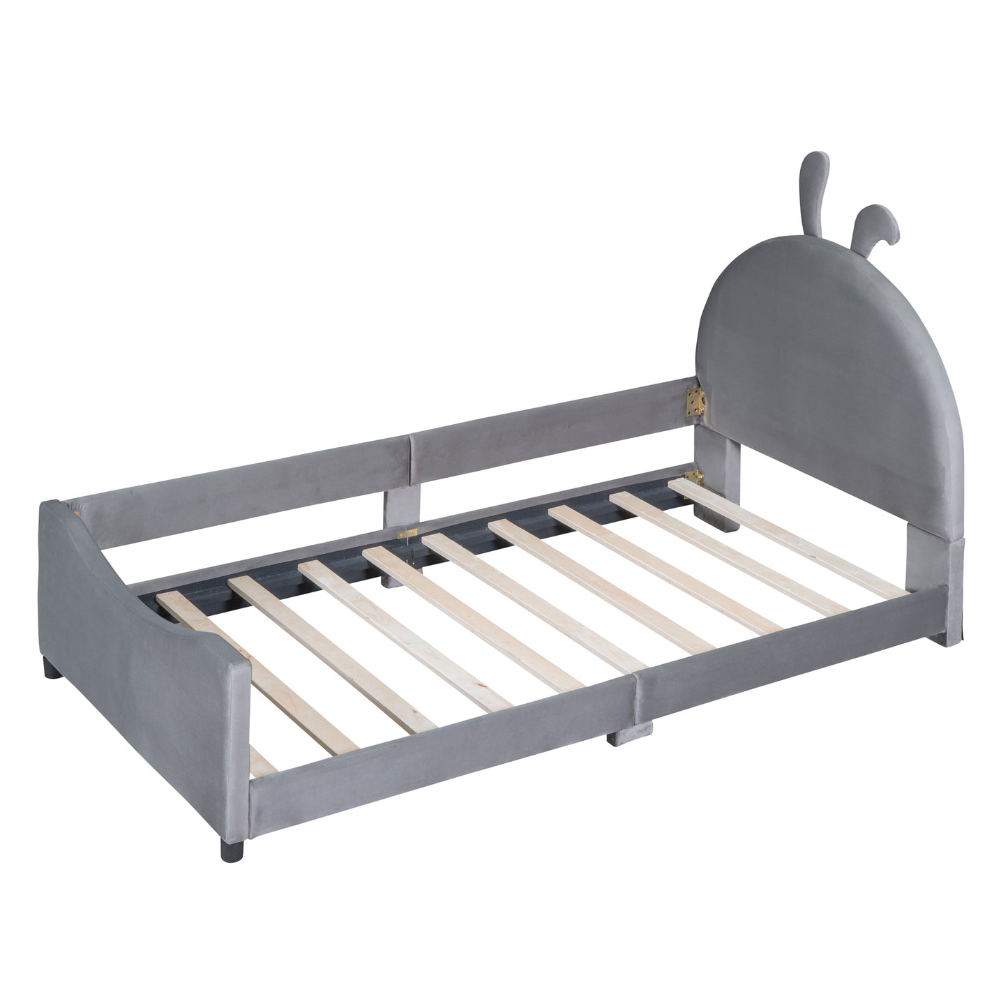 iRerts Upholstered Twin Daybed Frame for Kids, Velvet Twin Platform Bed Frame with Rabbit Ear Shaped Headboard and Footboard, Wood Twin Size Sofa Bed for Girls Boys, Gray