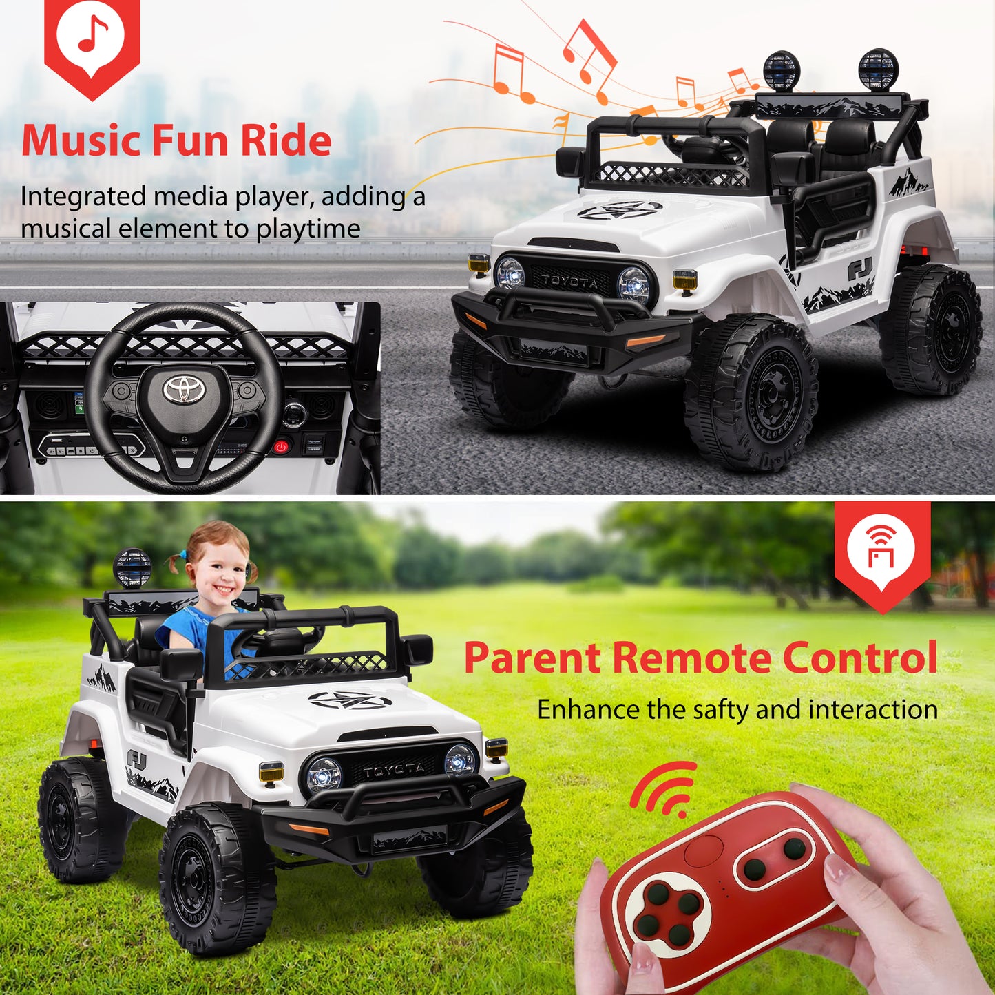 Ride on Toys for Kids, Licensed Toyota FJ Cruiser 12V Kids Ride on Truck Cars with Remote Control, Battery Powered Kids Electric Car Vehicle for Boys Girls Gifts with MP3, Bluetooth, USB, White