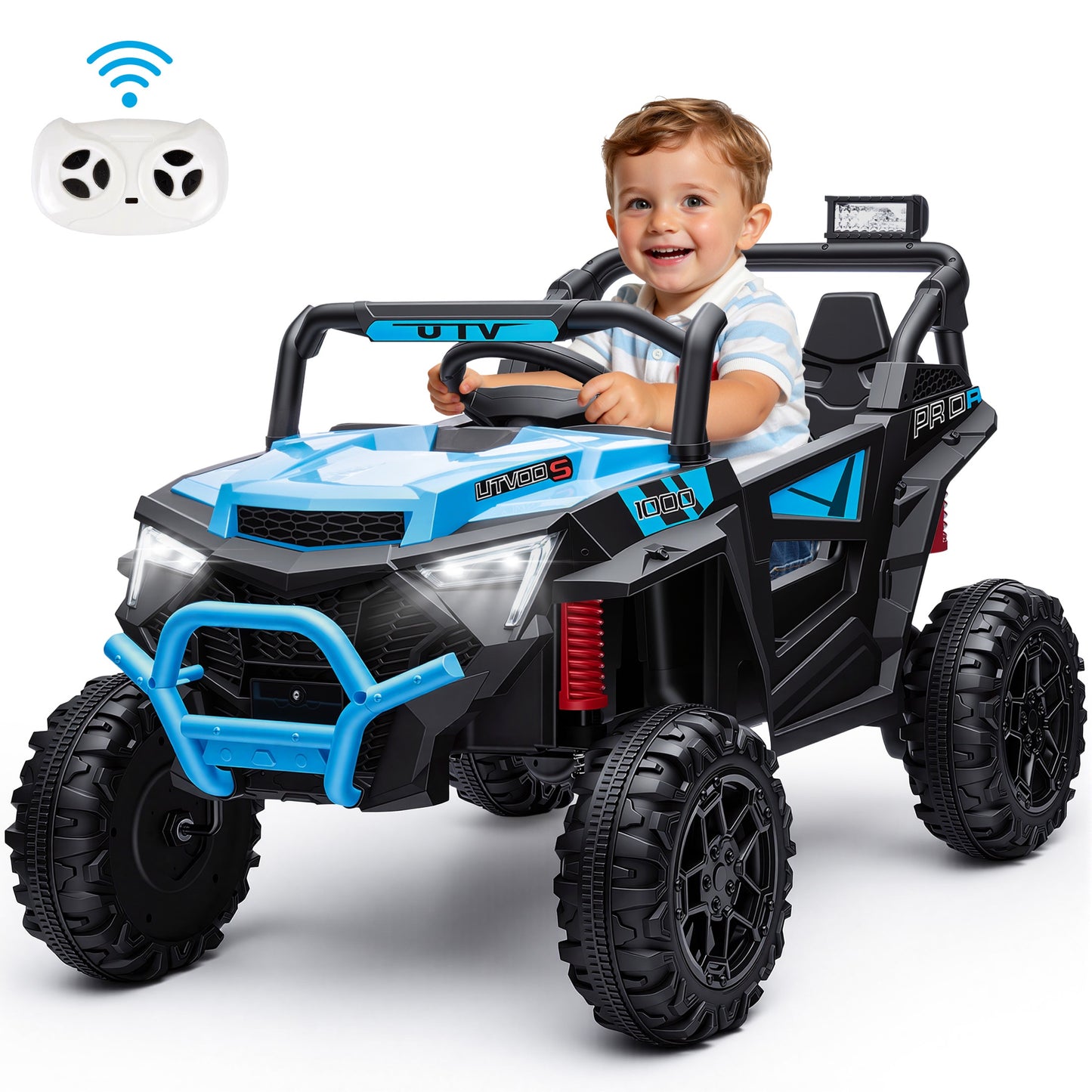24V Powered Ride on Toys, iRerts Electric Ride on UTV with Remote Control, Four-Wheel Suspension, LED Lights, Bluetooth Music, Ride on Cars Vehicle for Kids Ages 3-6, Blue