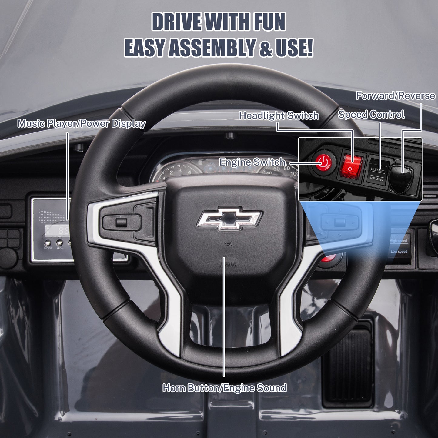 iRerts 12V Ride On Toys with Remote Control, Licensed Chevrolet Tahoe Kids Ride on Cars with Music, LED Lights, MP3/USB/AUX Port, Kids Electric Vehicle for Boys Girls, Gray