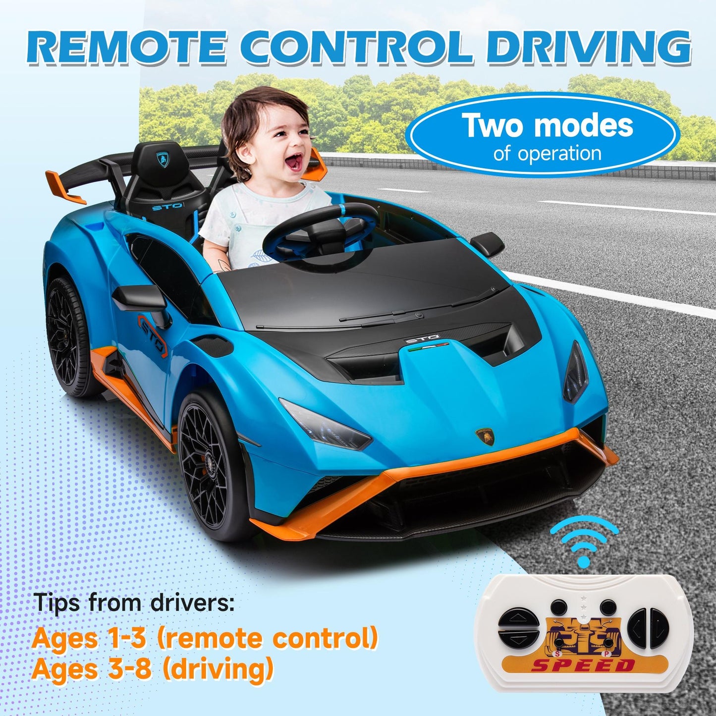 iRerts Blue 24V Lamborghini Ride on Cars with Remote Control, Battery Powered Kids Ride on Toys for Boys Girls 3-8 Ages, 4 Wheels Electric Cars for Kids with Bluetooth/Music/USB Port/LED Lights