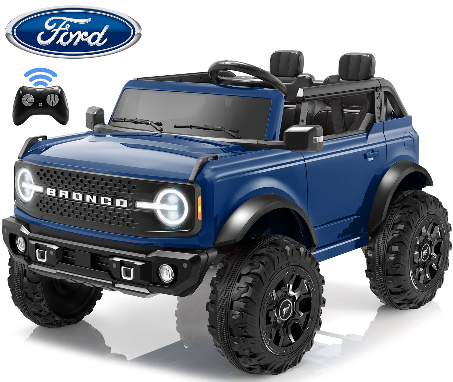 iRerts 2 Seater Ride on Cars, Licensed Ford Bronco Base 24V Ride on Toys for Big Kids Ages 3-8, Powered Kids Car Electric Vehicle with Remote Control, Bluetooth, LED Lights, 4 Wheel Suspension, Blue