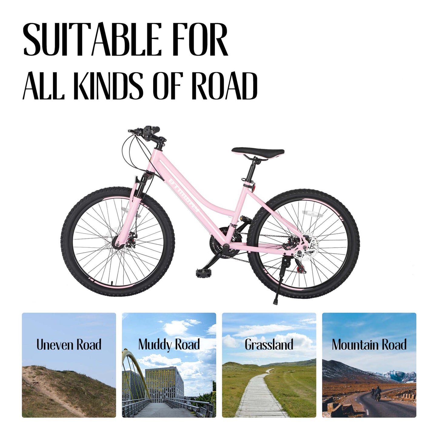 Mountain Bike, iRerts 24 Inch Mountain Bike for Girls, Shimano 21 Speed MTB Women Bicycle with Dual Disc Brakes and Front Suspension Fork, Outdoor Cycling Bike for Adult Work School Commuting, Pink