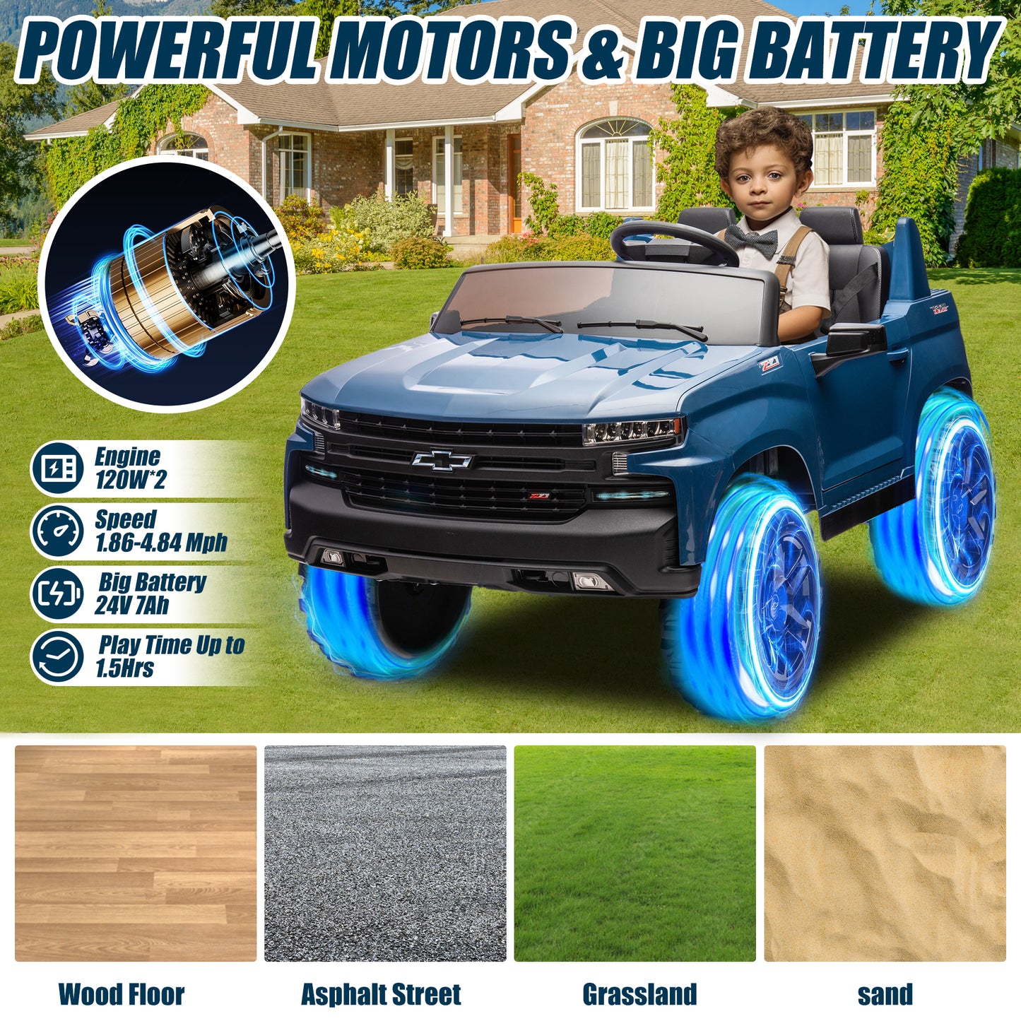 Chevrolet Silverado 24V Ride on Cars with Remote Control, 2 Seater 4 Wheels Kids Electric Cars with Bluetooth, LED Lights, Battery Powered Ride on Truck Toys for Boys Girls Christmas Gifts, Blue