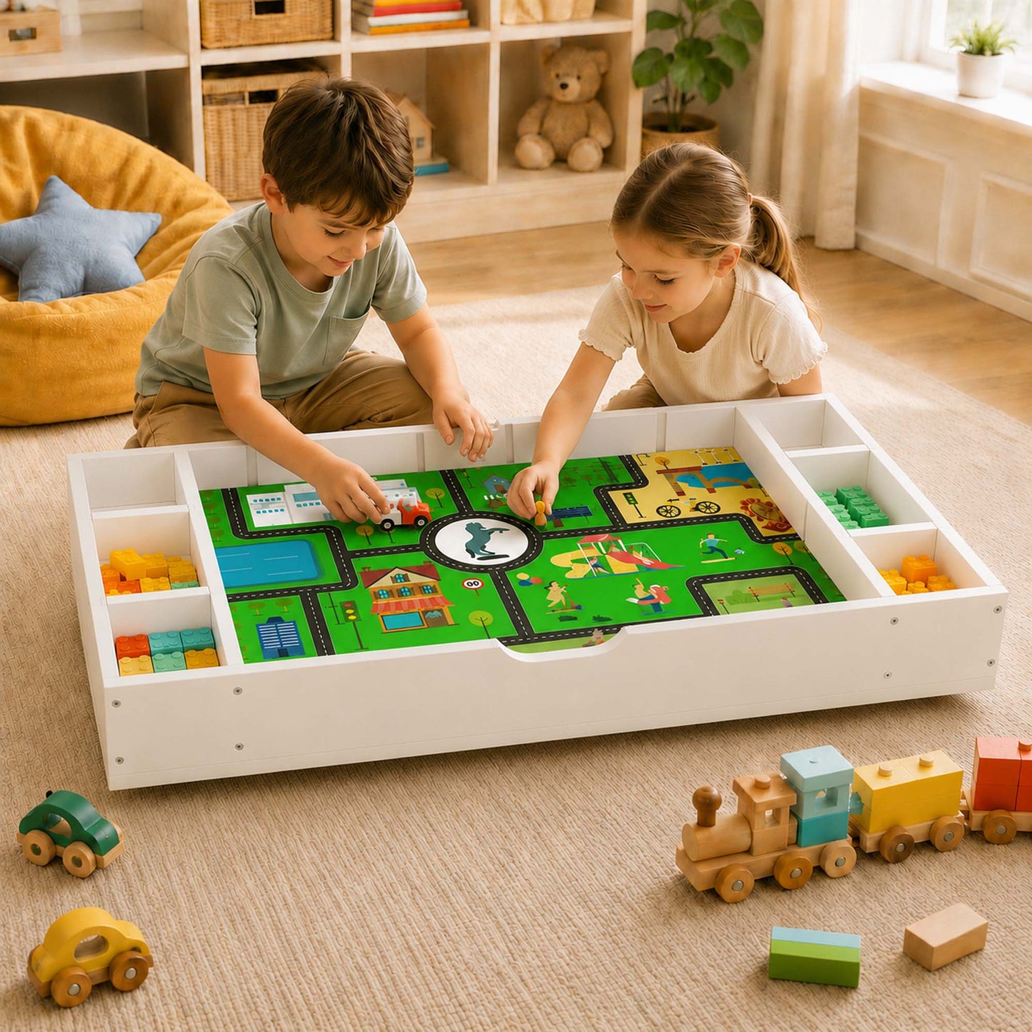 Kids Activity Table, 3 in 1 Reversible Kids Play Table with Building Bricks, Whiteboard, City Road Map, Toy Organizer Compatible, Wood Building Block Desk for Drawing, Reading, Arts, Crafts, White