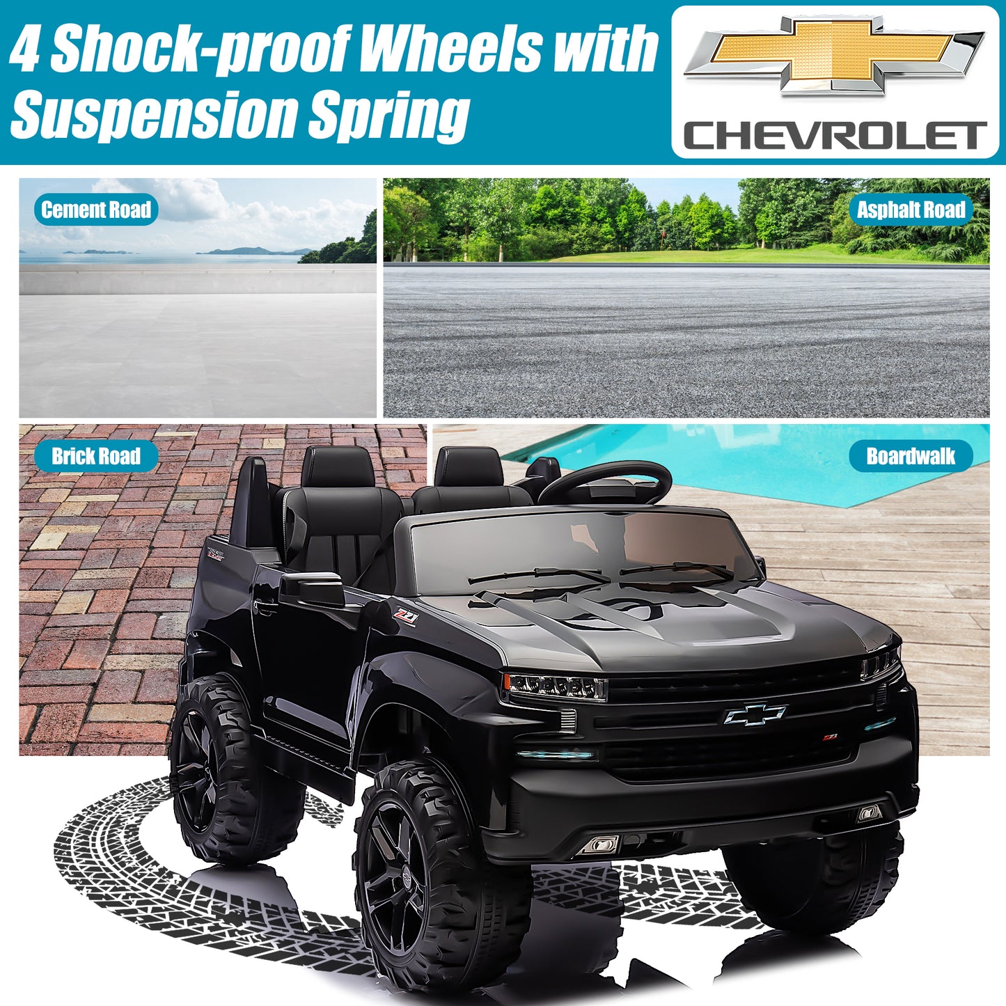 2 Seater 24V Ride on Cars with Remote Control, Licensed Chevrolet Silverado Kids Ride on Truck for Boys Girls Birthday Christmas Gifts, Battery Powered Kids Electric Cars with LED Lights, Music, Black