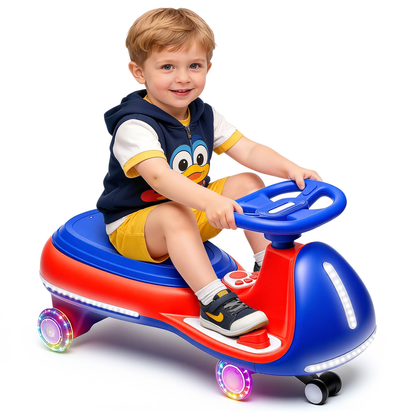 iRerts 12V Ride on Toys, Electric Ride on Wiggle Car with Pedal, 2 in 1 Swing Car Kids Wiggle Car for Toddlers Ages 3+, Kids Cars with Flashing PU Wheels, Bluetooth Music, 5MPH Max Speed, Blue+Red