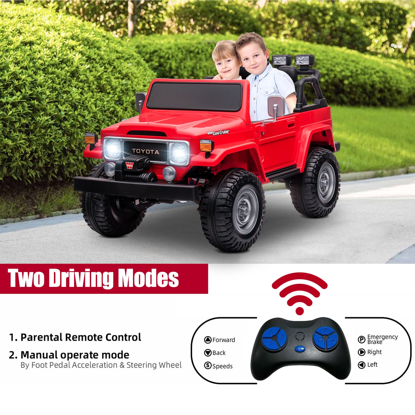 2 Seater 24 Volt Ride On Car with Remote Control, Licensed Toyota FJ40 Ride on Toys Truck for Boys Girls, Kids Electric Vehicle Car with LED Light, Bluetooth/FM Radio/Music, 4 Wheels Suspension, Red