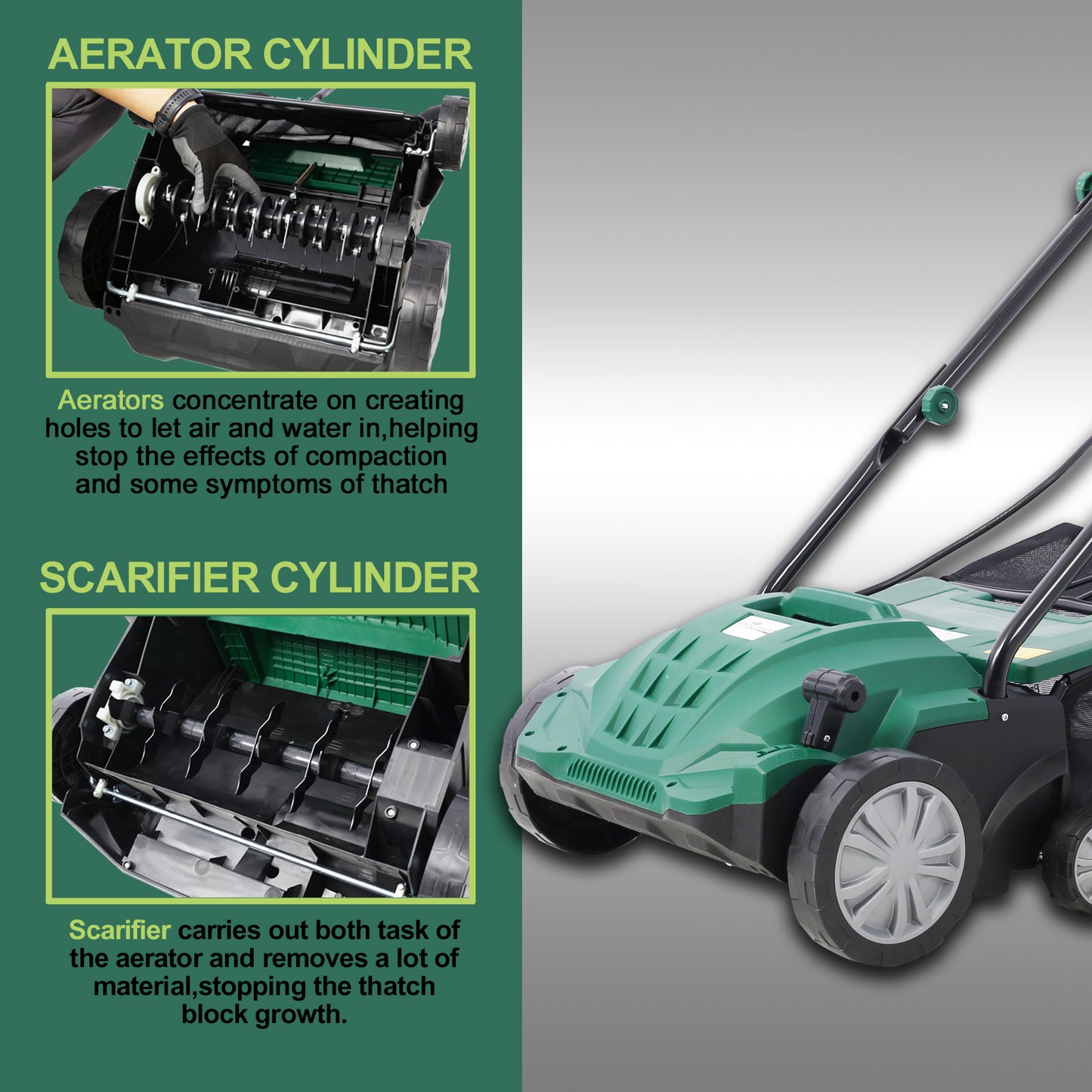 iRerts Electric Dethatcher and Scarifier, 2-in-1 13 Inch Dethatcher Scarifier with 31.7QT Removable Collection Bag, 4 Position Height Adjustment, 12 Amp Walk Behind Scarifier for Garden Yard, Green