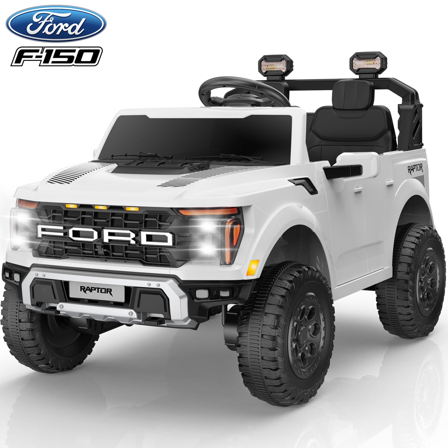 iRerts 24V Ride on Toys for Big Kids, Licensed Ford F 150 Raptor 2 Seater Ride on Cars with Remote Control, Bluetooth, FM Radio, LED Lights, 4 Wheels Suspension, Electric Car for Kids Ages 3-8, White