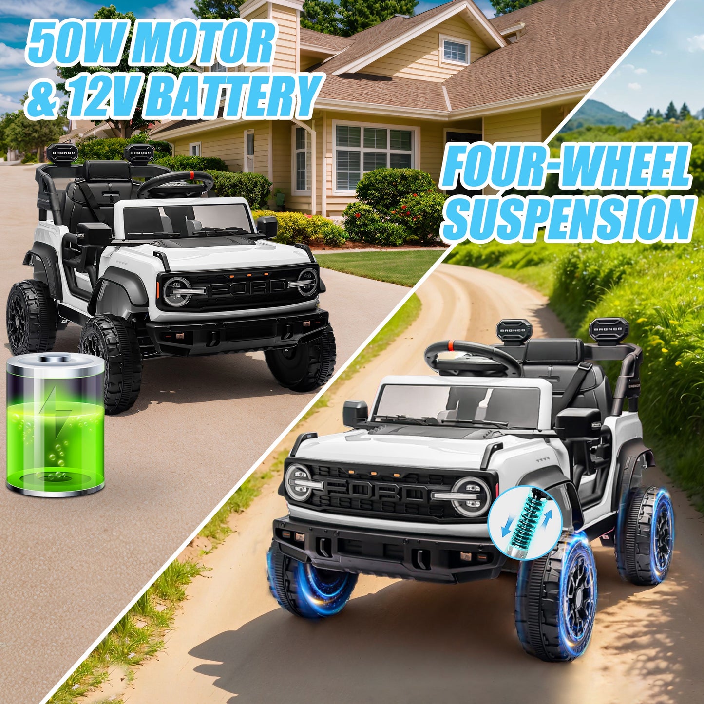 12V Powered Ride on Car, Ford Bronco Raptor Ride on Toys with Remote Control, Battery Powered Ride on Trucks with Bluetooth Music, LED Light, Kids Car Electric Vehicle for Boys Girls Gifts, White