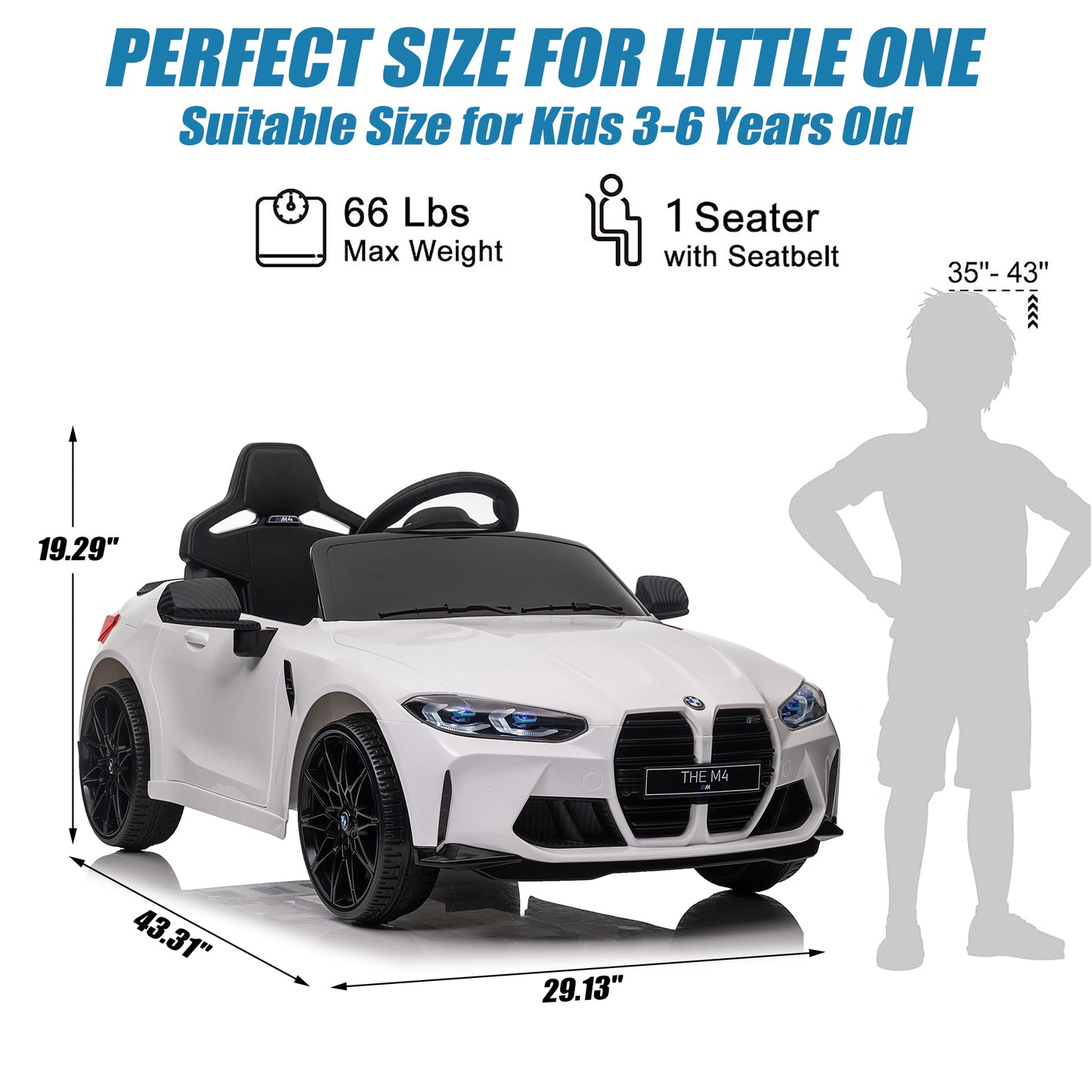 BMW M4 Silver 12V Ride On Cars with Remote Control, Battery Powered Ride on Toys with Music, Bluetooth, Story, USB/MP3 Port, LED Light, Kids Electric Vehicle for Boys Girls with Wheels, Easy to Carry