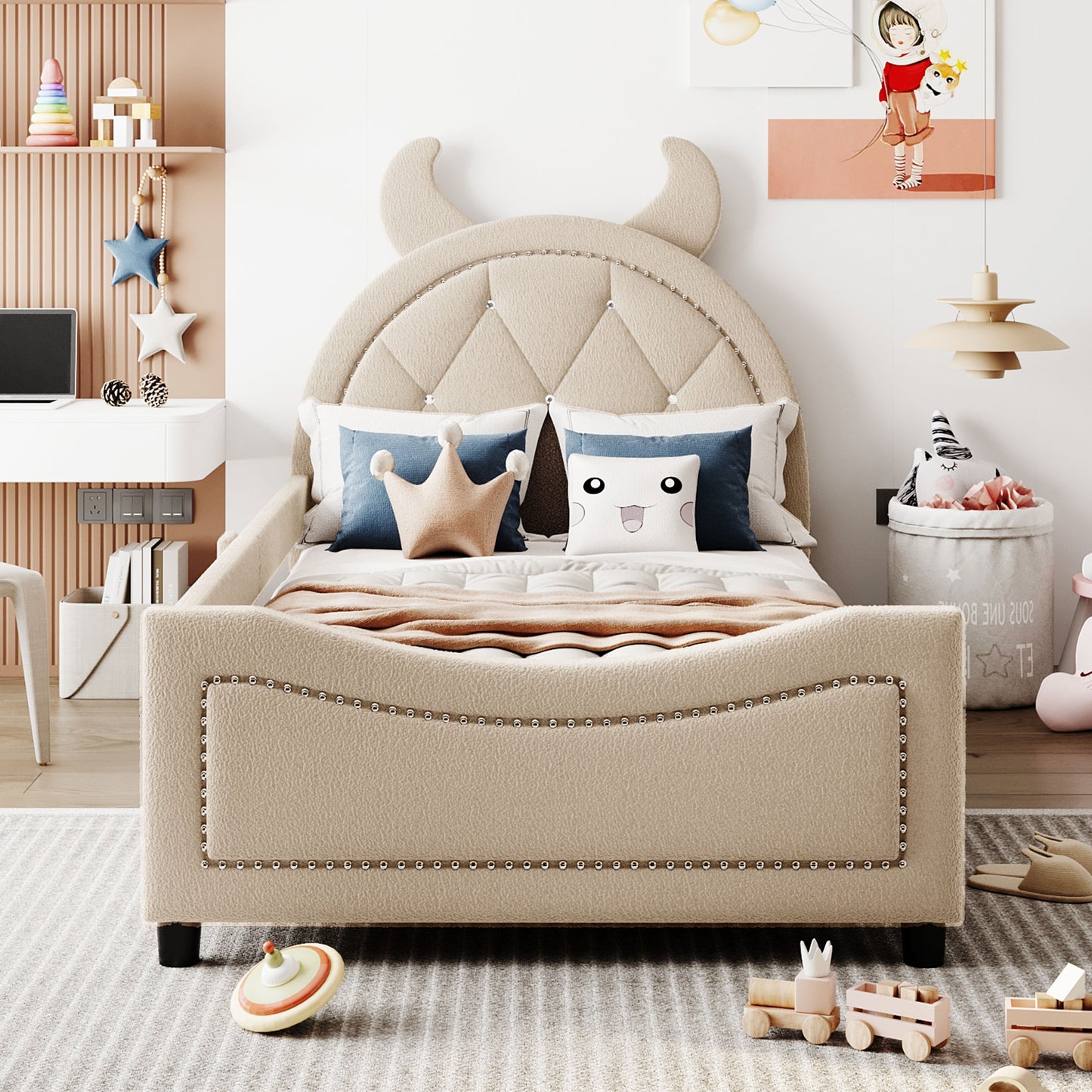 iRerts Twin Size Upholstered Daybed Frame for Kids, Teddy Fleece Twin Platform Bed Frame with OX Hor Shaped Headboard and Footboard, Wood Twin Size Sofa Bed for Girls Boys, Beige