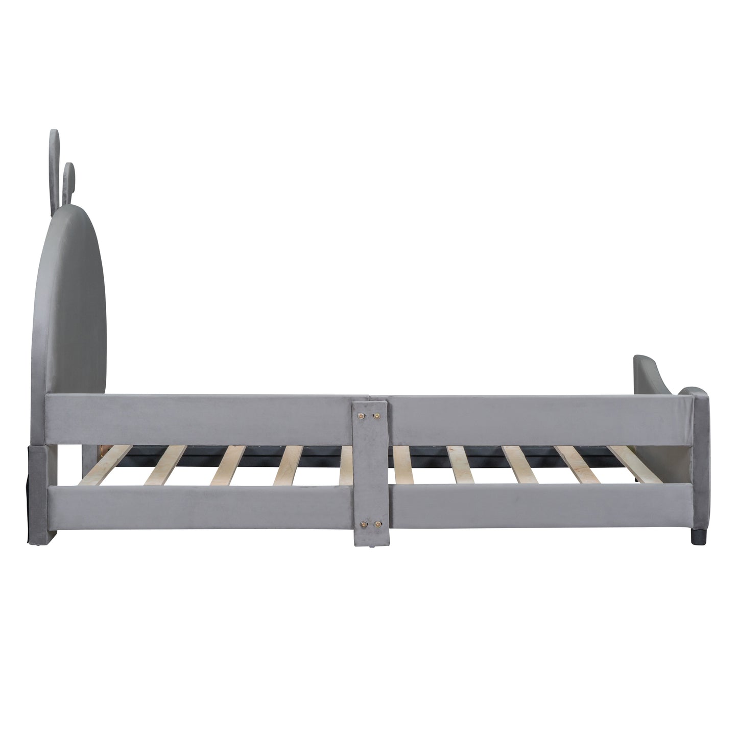 iRerts Upholstered Twin Daybed Frame for Kids, Velvet Twin Platform Bed Frame with Rabbit Ear Shaped Headboard and Footboard, Wood Twin Size Sofa Bed for Girls Boys, Gray