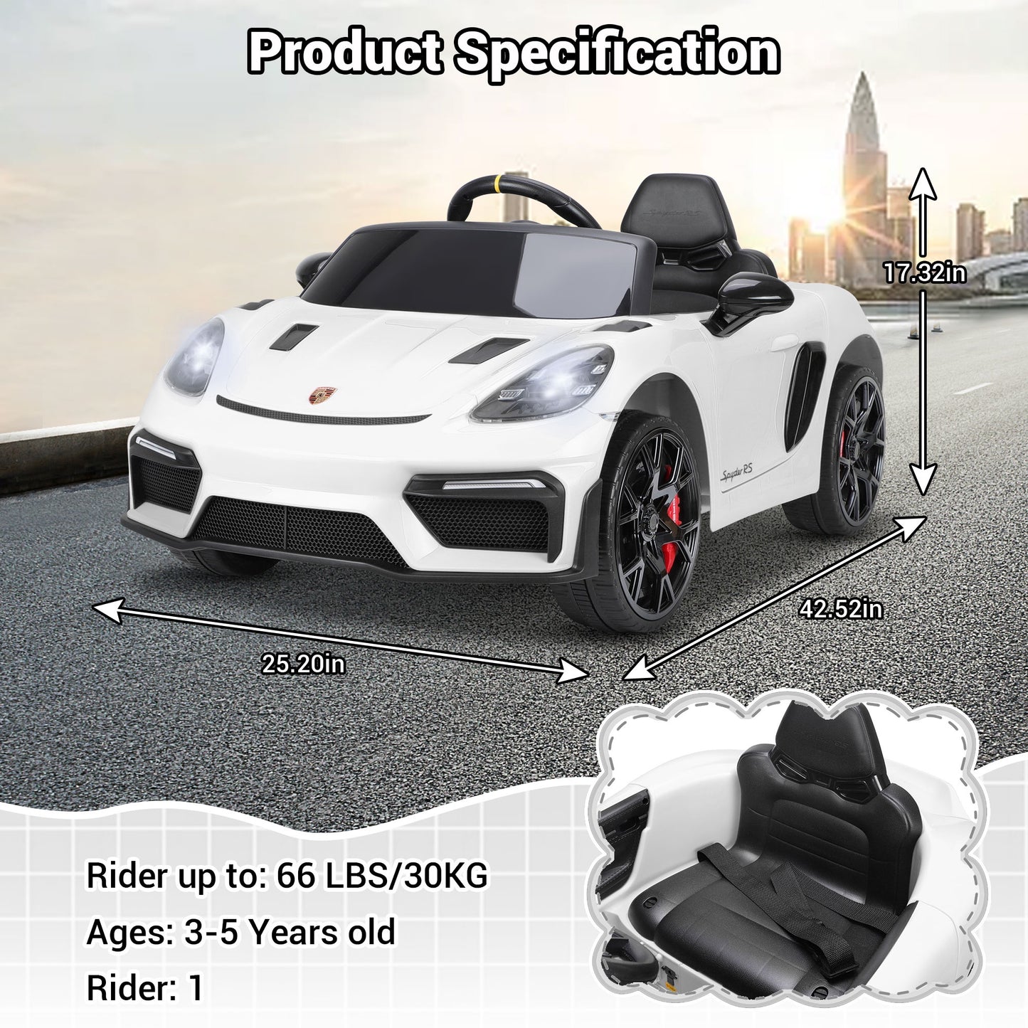 12V Powered Ride On Toys, Licensed Porsche 718 Ride on Car for Kids Boys Girls Christmas Gifts Ages 3-5, Kids Cars Electric Vehicle with Remote Control, Bluetooth, Music, LED Light, 4 Wheeler, White