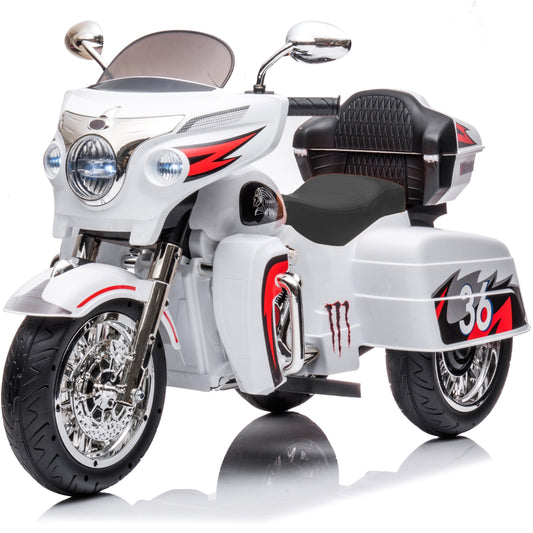 iRerts 12V 2 Seater Ride on Motorcycle, 3 Wheels Kids Electric Motorcycle with Key Start, Music, USB/MP3 Port, LED Light, Storage Box, Kids Ride on Toys for Christmas Birthday Gifts Ages 3-6, White