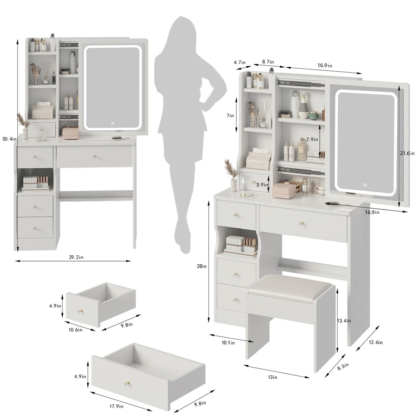 iRerts Vanity Desk with Chair, Makeup Vanity Set with LED Mirror, 3 Lighting Modes Brightness Adjustable, Shelf and Drawers, Makeup Vanity Desk Dressing Table Set for Bedroom Small Space, White