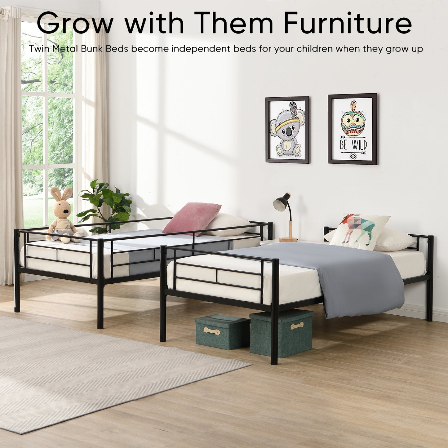 iRerts Metal Twin over Twin Bunk Bed, Convertible Bunk Beds Twin over Twin with 2 Ladders and Full-Length Guardrail, Modern Twin Bunk Beds for Adults Teens Kids Bedroom, No Box Spring Needed, Black