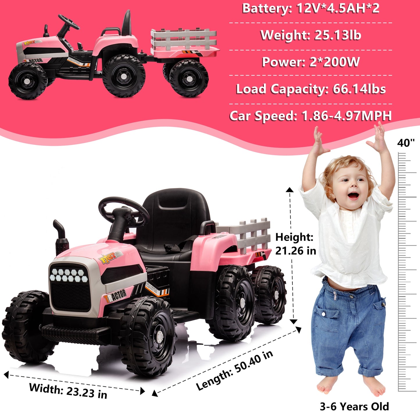 Powered Ride on Toy Tractor, 24V Kids Ride on Car with Remote Control, Electric Vehicles for Kids Toddlers 3-6 Years with 3 Speeds, Bluetooth, Music Player, LED Light, Rear Wheel Suspension, Pink
