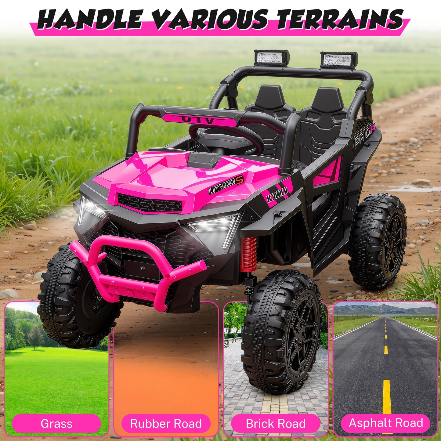 iRerts 24V Powered Ride on Toys, Electric Ride on UTV with Remote Control, Four-Wheel Suspension, LED Lights, Bluetooth Music, Ride on Cars Vehicle for Kids Ages 3-6, Pink