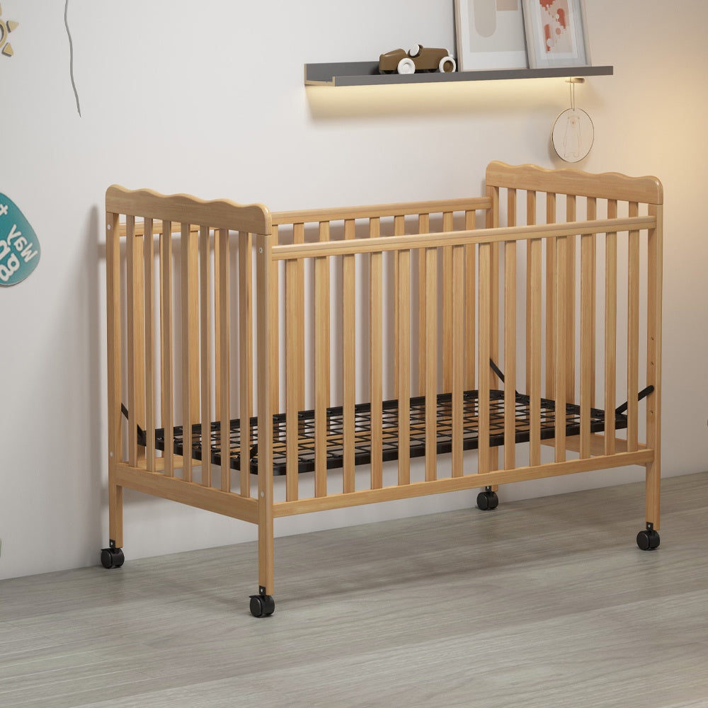 iRerts 3 In 1 Convertible Baby Crib, Wood Converts from Baby Crib to Toddler Bed and Daybed, Baby Bed with Locking Wheels, 4 Adjustable Mattress Heights, Non-Toxic Finish, Natural